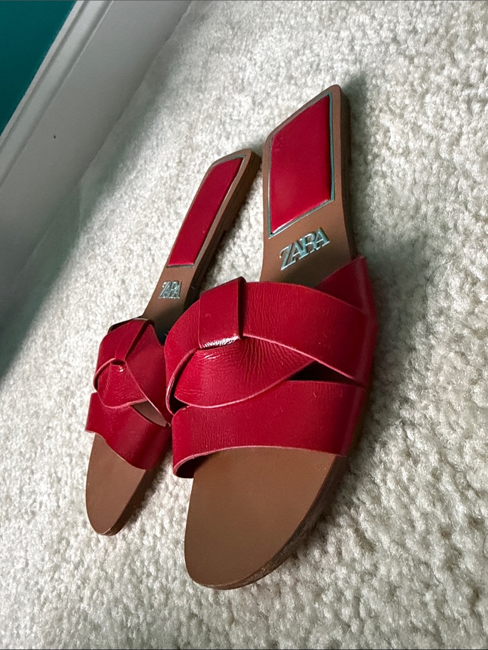Zara Red Braided Leather Slide Mules